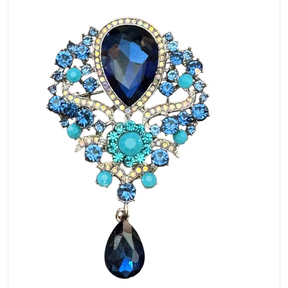 Vintage Jewelry - Victorian Crystal Teardrop, Baroque Rhinestone Floral Lapel Pin, Brooch